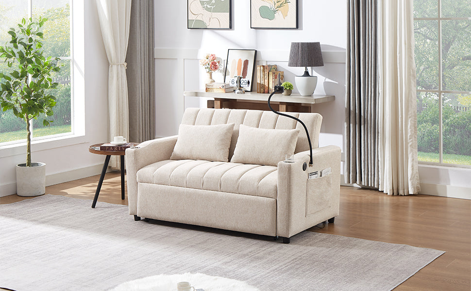 55.9" Convertible Sofa Bed Loveseat Sofa with Three USB Ports, Two Side Pockets, Two Cup Holders and 360°Swivel Phone Holder for Living Room, Beige