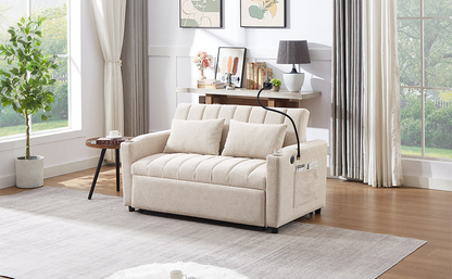 55.9" Convertible Sofa Bed Loveseat Sofa with Three USB Ports, Two Side Pockets, Two Cup Holders and 360°Swivel Phone Holder for Living Room, Beige
