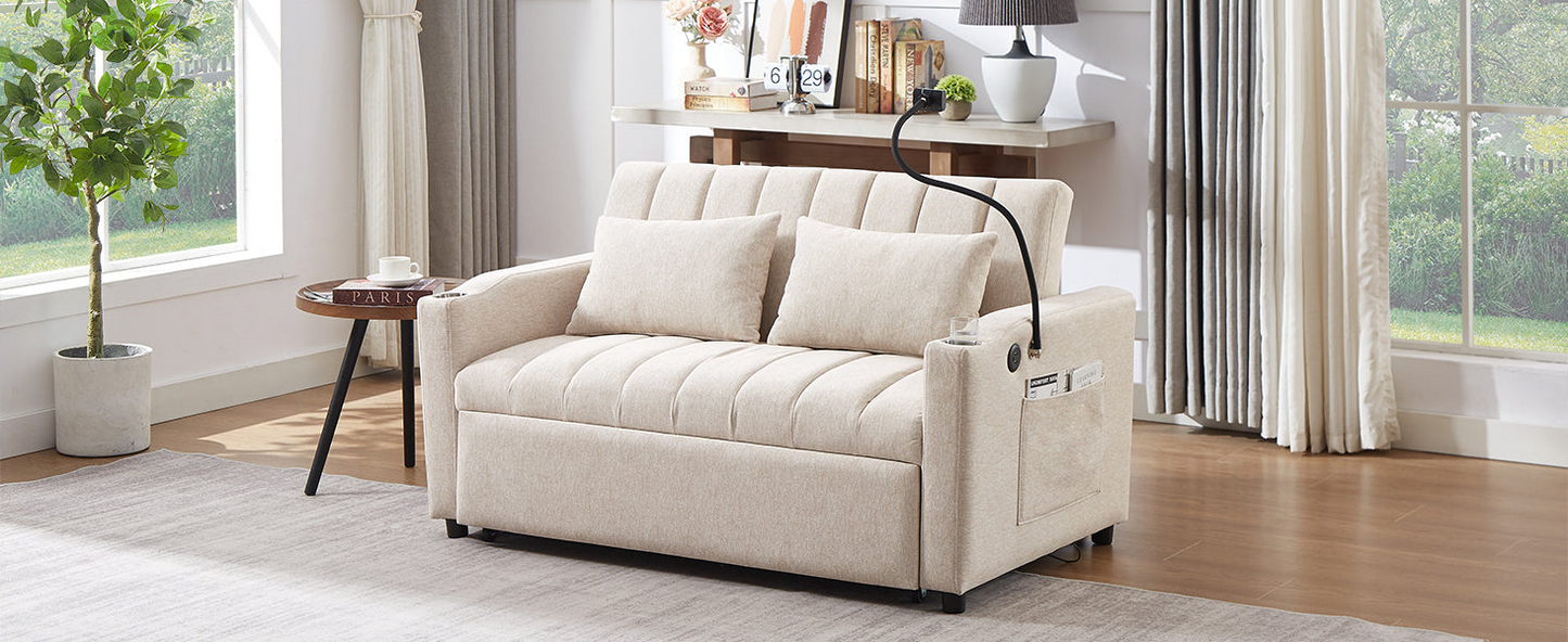 55.9" Convertible Sofa Bed Loveseat Sofa with Three USB Ports, Two Side Pockets, Two Cup Holders and 360°Swivel Phone Holder for Living Room, Beige