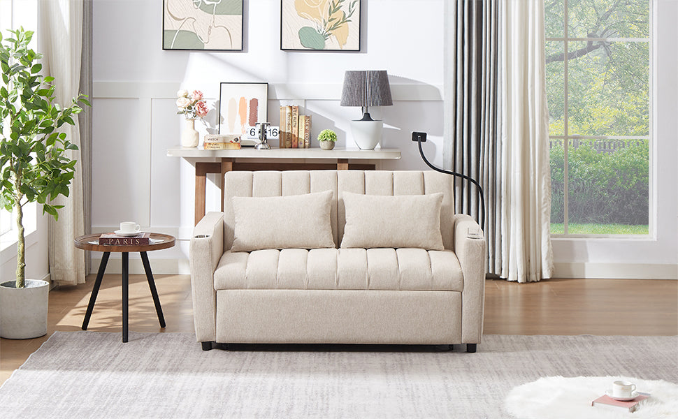 55.9" Convertible Sofa Bed Loveseat Sofa with Three USB Ports, Two Side Pockets, Two Cup Holders and 360°Swivel Phone Holder for Living Room, Beige