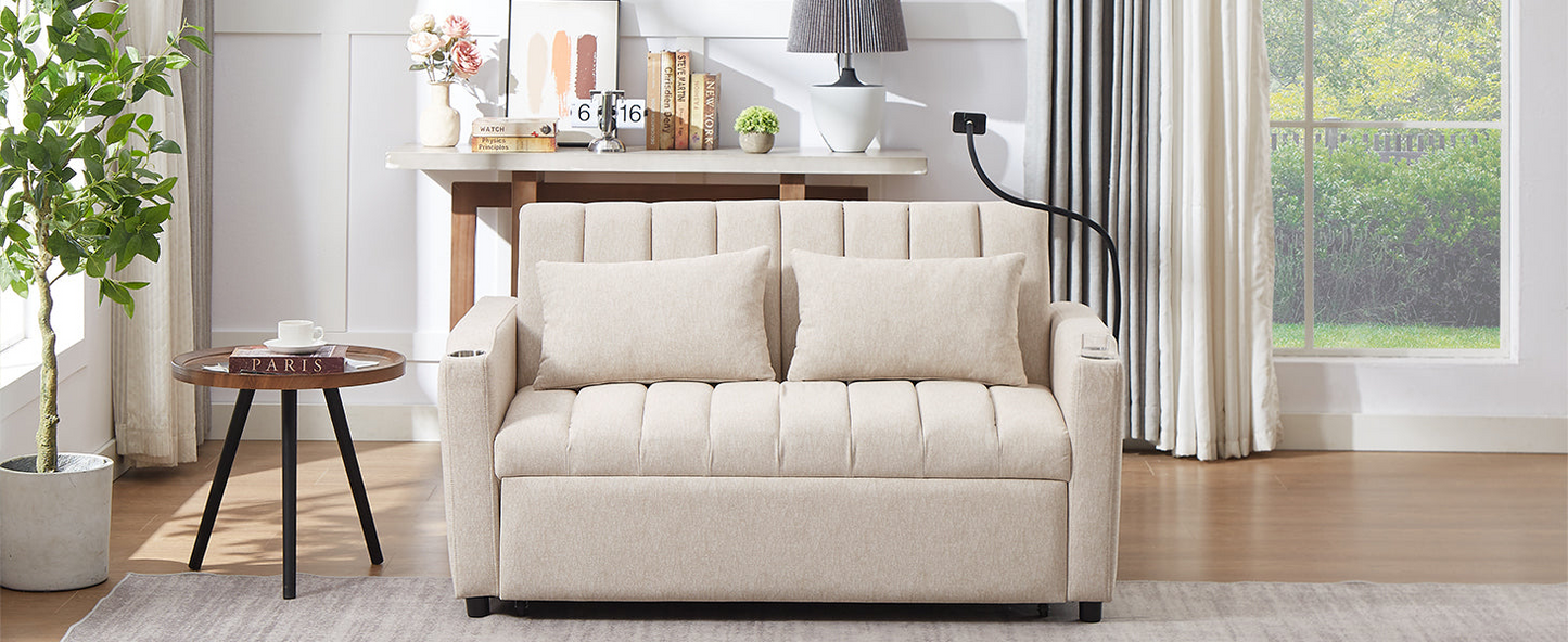55.9" Convertible Sofa Bed Loveseat Sofa with Three USB Ports, Two Side Pockets, Two Cup Holders and 360°Swivel Phone Holder for Living Room, Beige