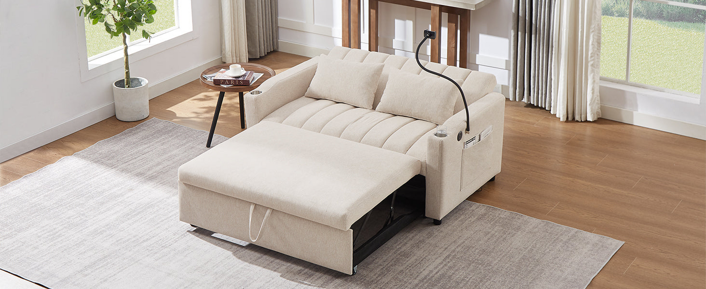 55.9" Convertible Sofa Bed Loveseat Sofa with Three USB Ports, Two Side Pockets, Two Cup Holders and 360°Swivel Phone Holder for Living Room, Beige