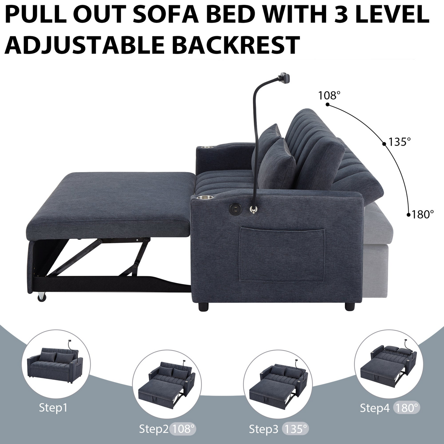 55.9" Convertible Sofa Bed Loveseat Sofa with Three USB Ports, Two Side Pockets, Two Cup Holders and 360°Swivel Phone Holder for Living Room, Blue Grey