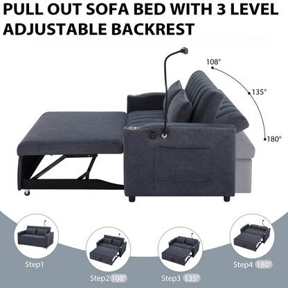 55.9" Convertible Sofa Bed Loveseat Sofa with Three USB Ports, Two Side Pockets, Two Cup Holders and 360°Swivel Phone Holder for Living Room, Blue Grey