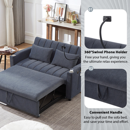 55.9" Convertible Sofa Bed Loveseat Sofa with Three USB Ports, Two Side Pockets, Two Cup Holders and 360°Swivel Phone Holder for Living Room, Blue Grey