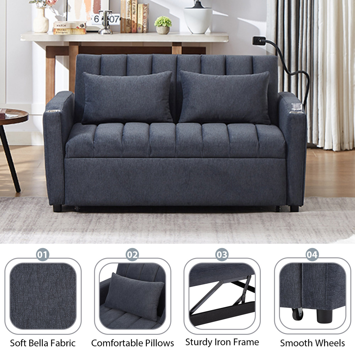 55.9" Convertible Sofa Bed Loveseat Sofa with Three USB Ports, Two Side Pockets, Two Cup Holders and 360°Swivel Phone Holder for Living Room, Blue Grey