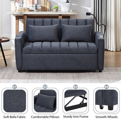 55.9" Convertible Sofa Bed Loveseat Sofa with Three USB Ports, Two Side Pockets, Two Cup Holders and 360°Swivel Phone Holder for Living Room, Blue Grey