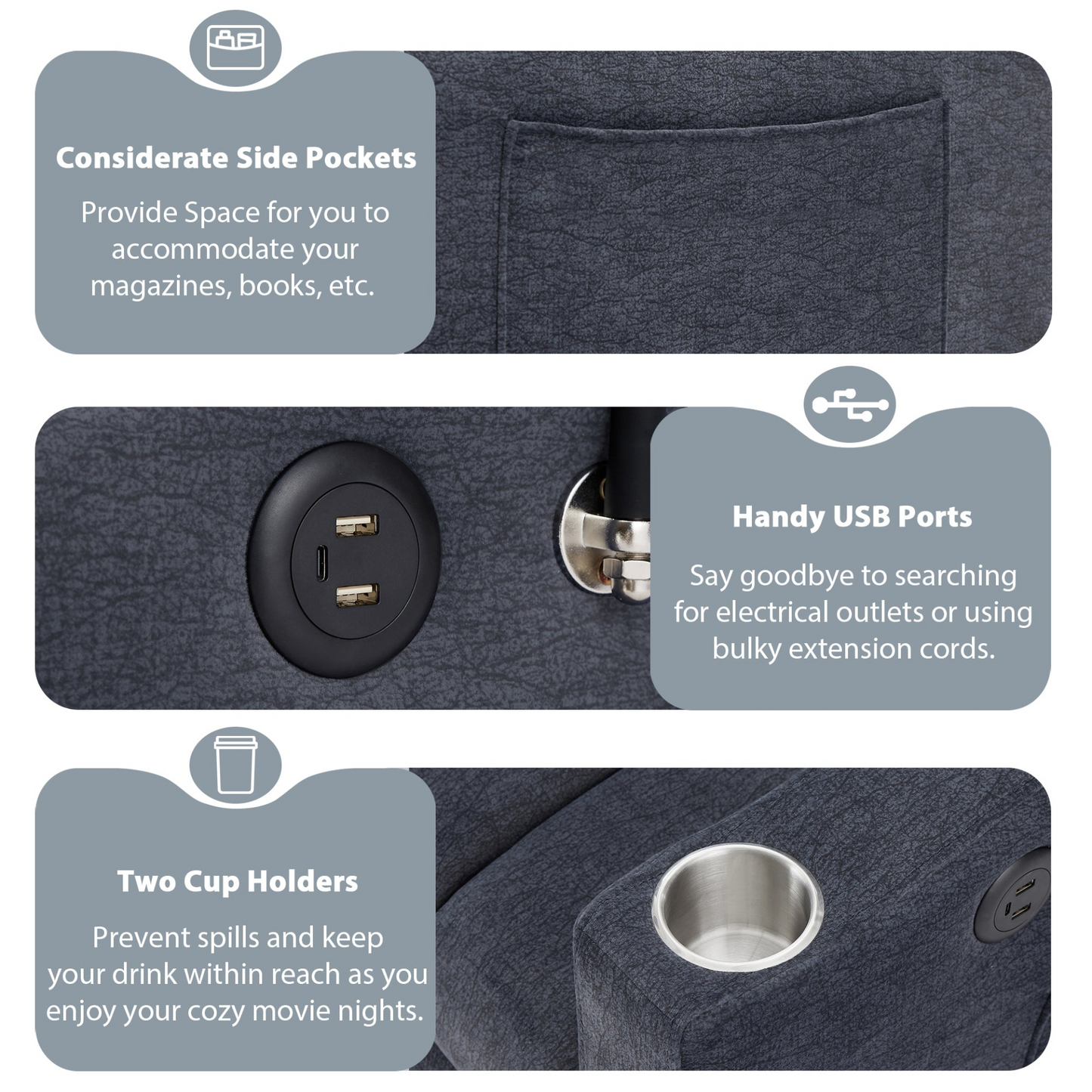 55.9" Convertible Sofa Bed Loveseat Sofa with Three USB Ports, Two Side Pockets, Two Cup Holders and 360°Swivel Phone Holder for Living Room, Blue Grey