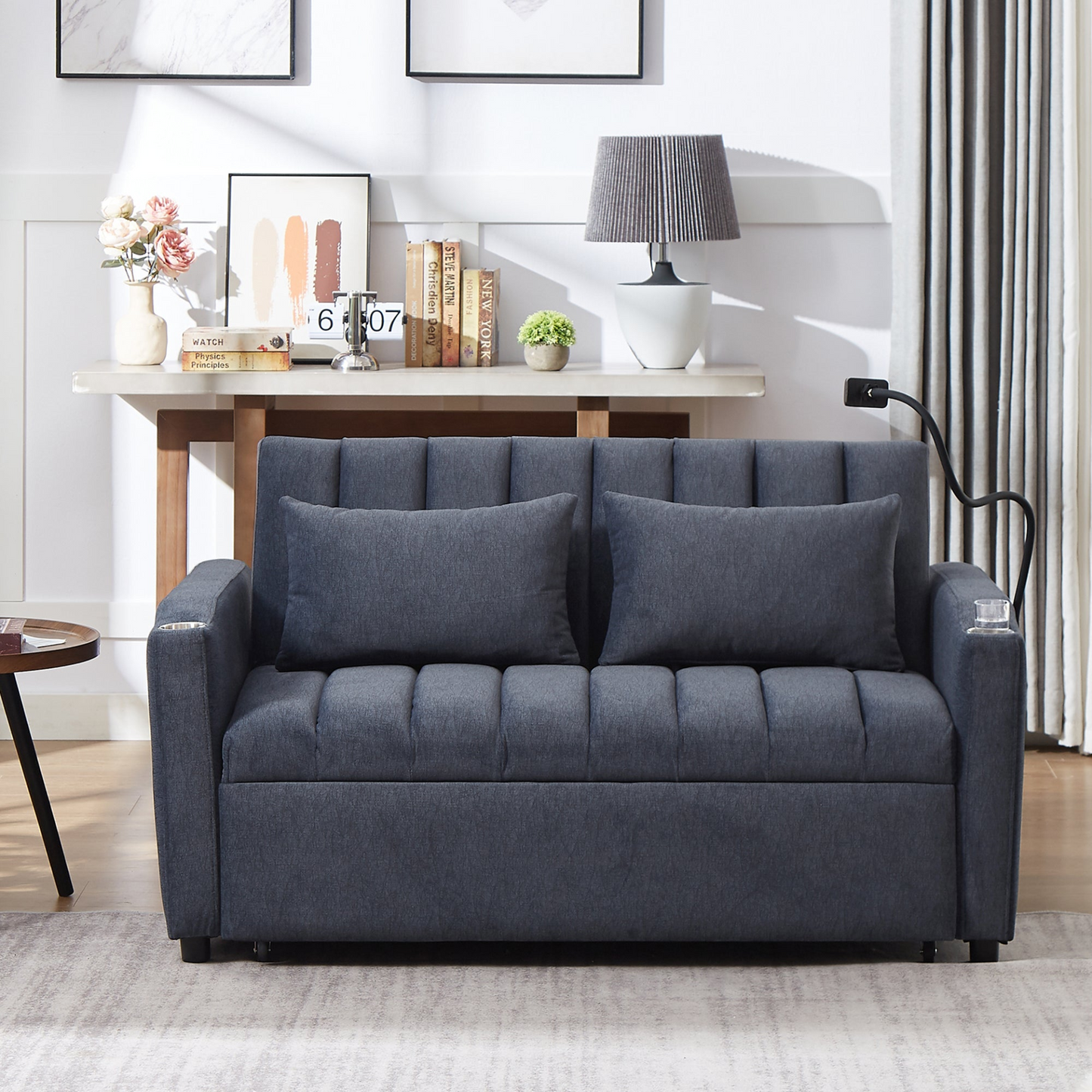 55.9" Convertible Sofa Bed Loveseat Sofa with Three USB Ports, Two Side Pockets, Two Cup Holders and 360°Swivel Phone Holder for Living Room, Blue Grey