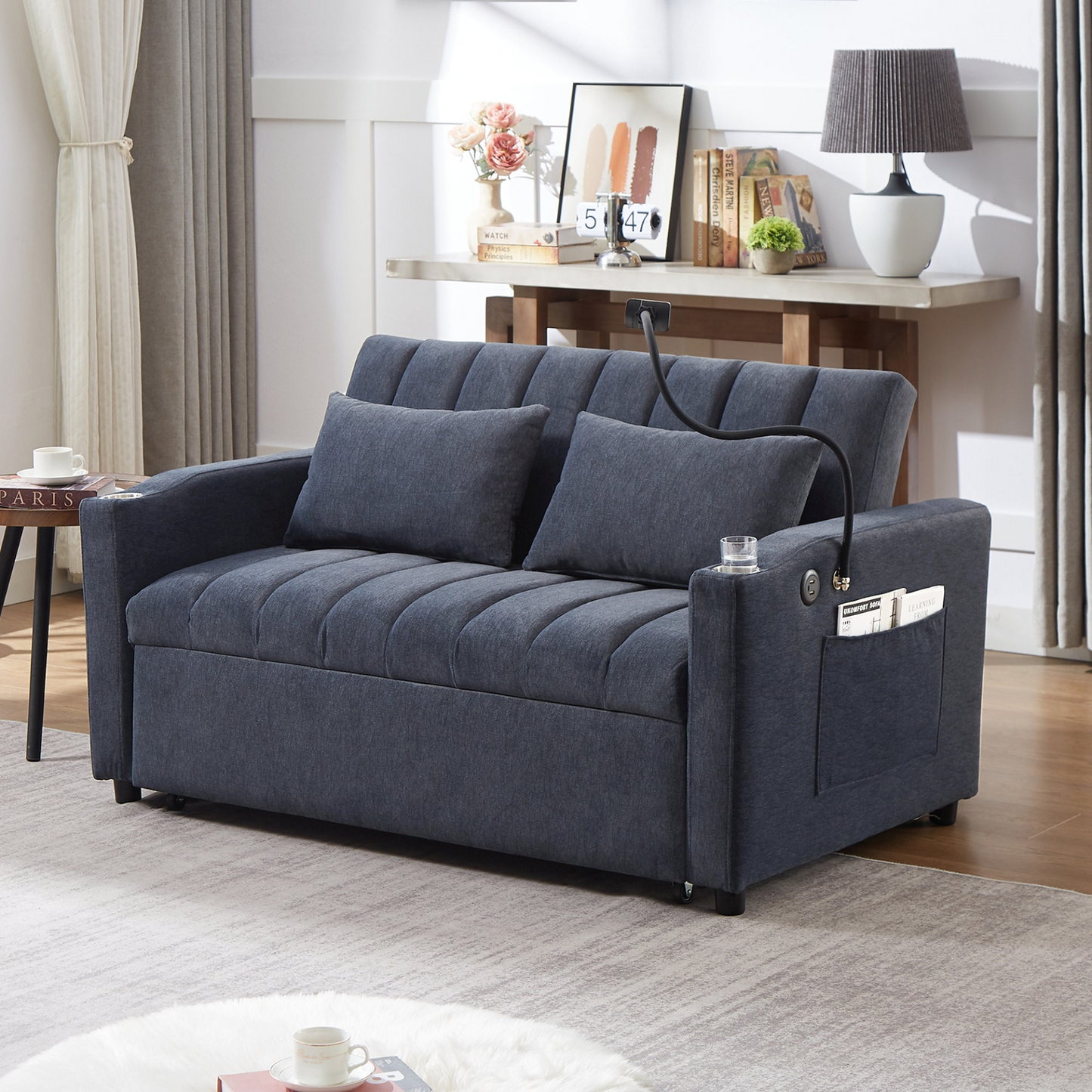 55.9" Convertible Sofa Bed Loveseat Sofa with Three USB Ports, Two Side Pockets, Two Cup Holders and 360°Swivel Phone Holder for Living Room, Blue Grey