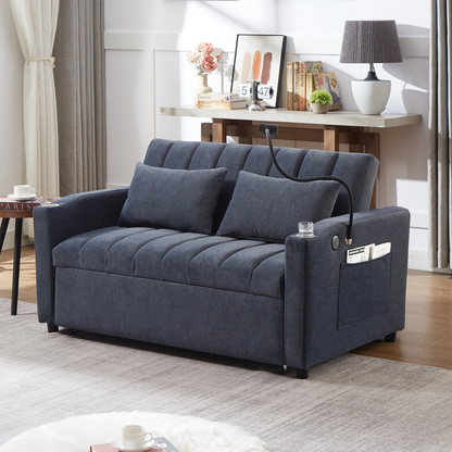 55.9" Convertible Sofa Bed Loveseat Sofa with Three USB Ports, Two Side Pockets, Two Cup Holders and 360°Swivel Phone Holder for Living Room, Blue Grey
