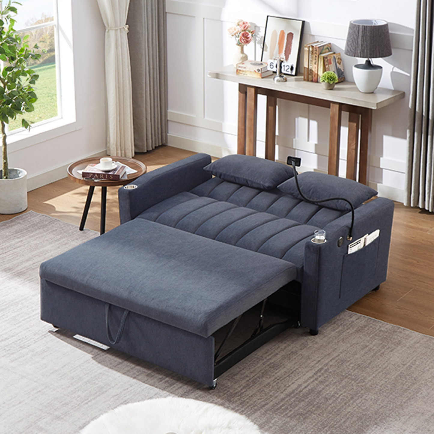 55.9" Convertible Sofa Bed Loveseat Sofa with Three USB Ports, Two Side Pockets, Two Cup Holders and 360°Swivel Phone Holder for Living Room, Blue Grey