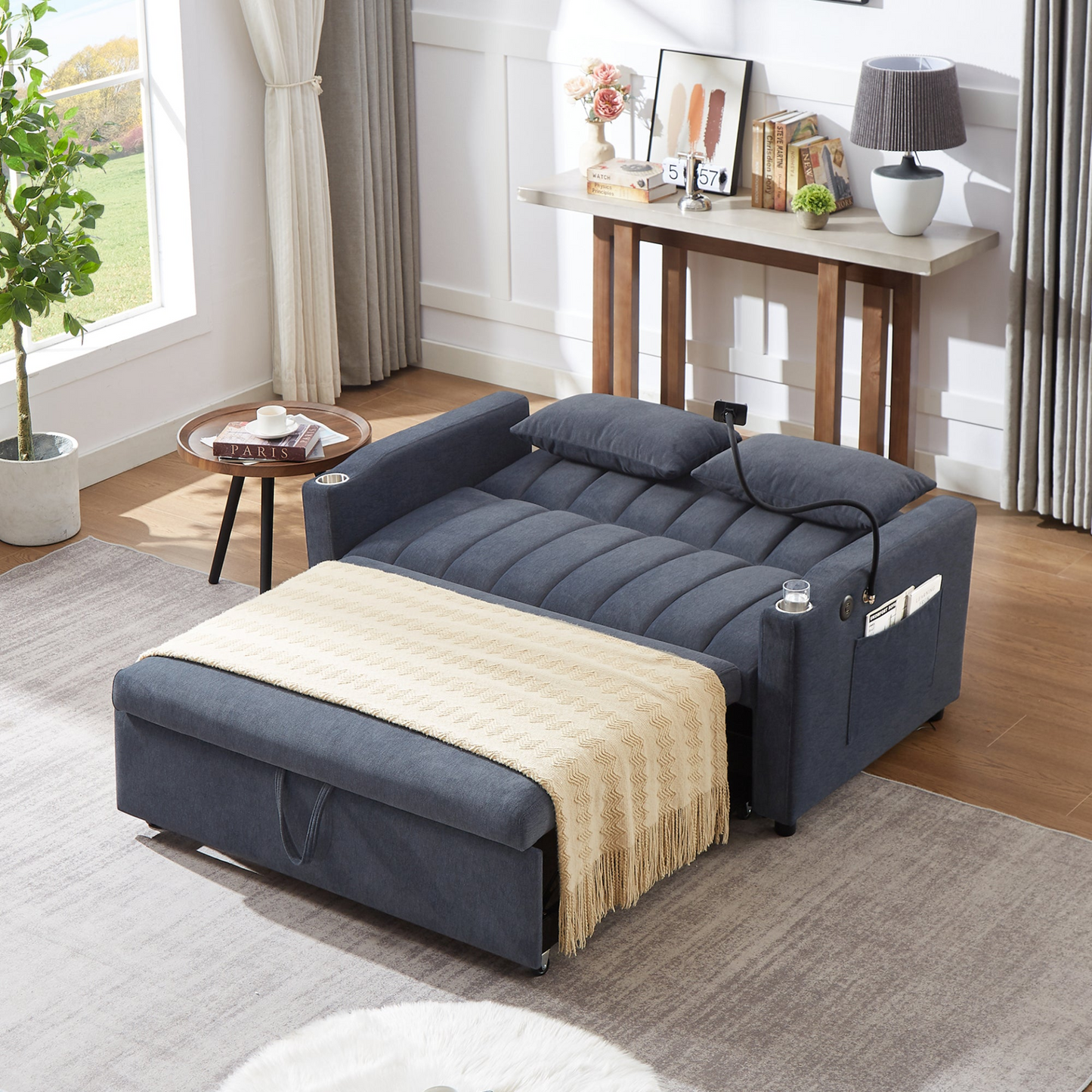 55.9" Convertible Sofa Bed Loveseat Sofa with Three USB Ports, Two Side Pockets, Two Cup Holders and 360°Swivel Phone Holder for Living Room, Blue Grey