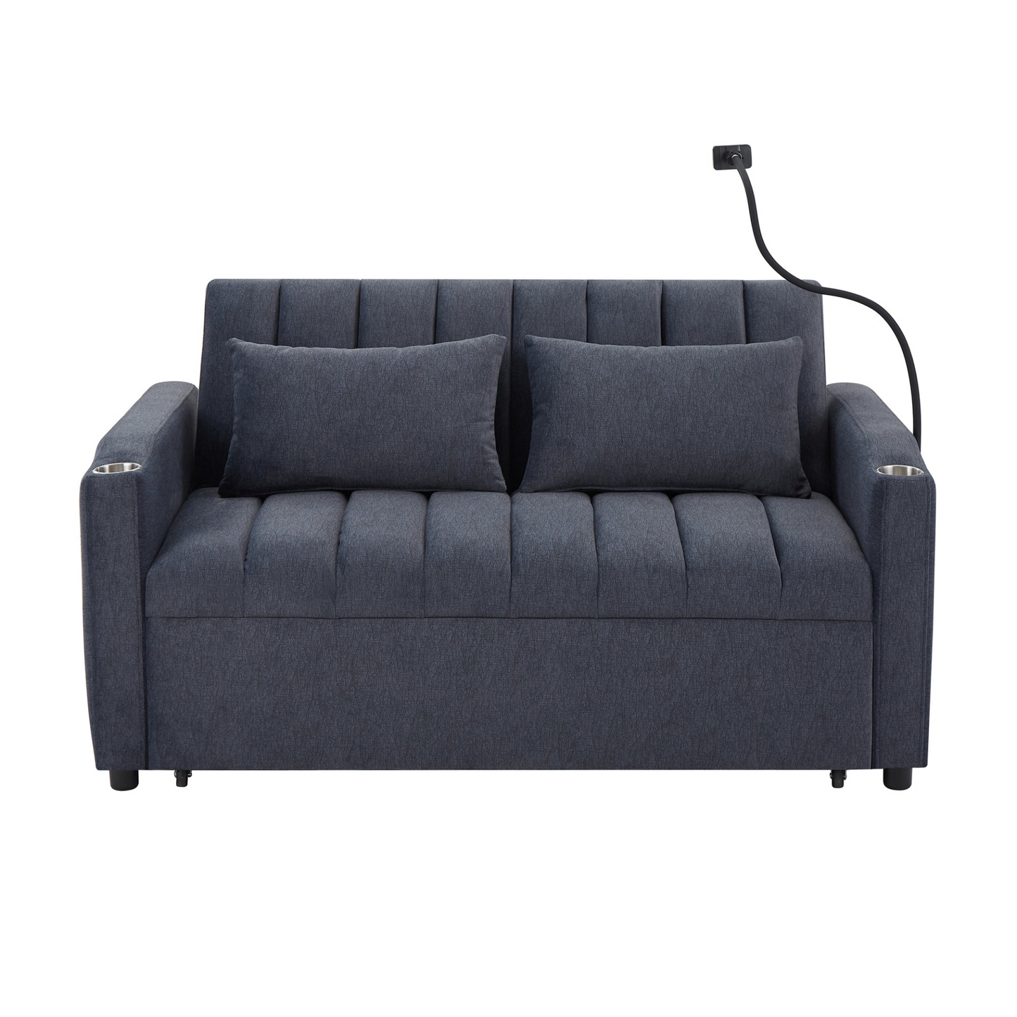55.9" Convertible Sofa Bed Loveseat Sofa with Three USB Ports, Two Side Pockets, Two Cup Holders and 360°Swivel Phone Holder for Living Room, Blue Grey