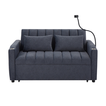 55.9" Convertible Sofa Bed Loveseat Sofa with Three USB Ports, Two Side Pockets, Two Cup Holders and 360°Swivel Phone Holder for Living Room, Blue Grey