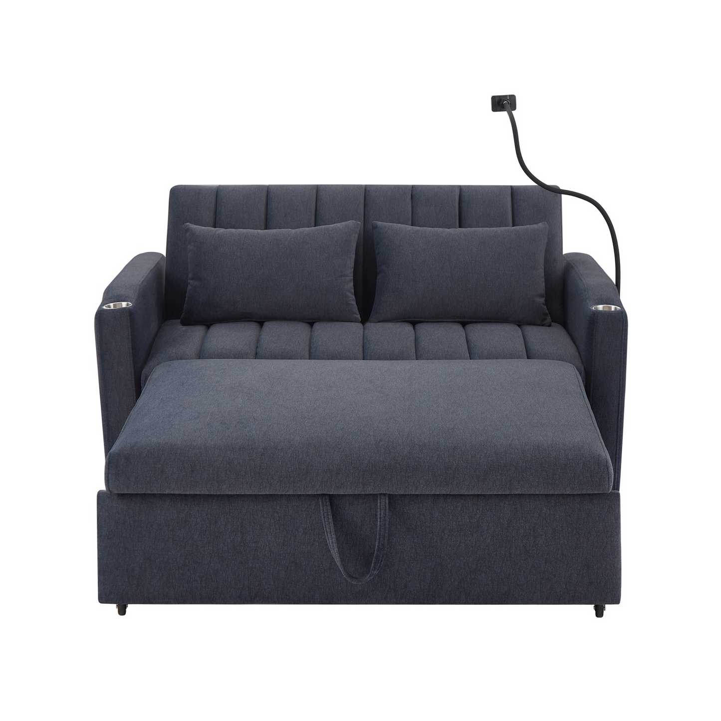 55.9" Convertible Sofa Bed Loveseat Sofa with Three USB Ports, Two Side Pockets, Two Cup Holders and 360°Swivel Phone Holder for Living Room, Blue Grey