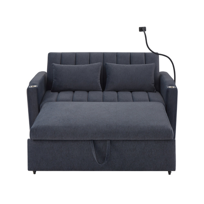 55.9" Convertible Sofa Bed Loveseat Sofa with Three USB Ports, Two Side Pockets, Two Cup Holders and 360°Swivel Phone Holder for Living Room, Blue Grey