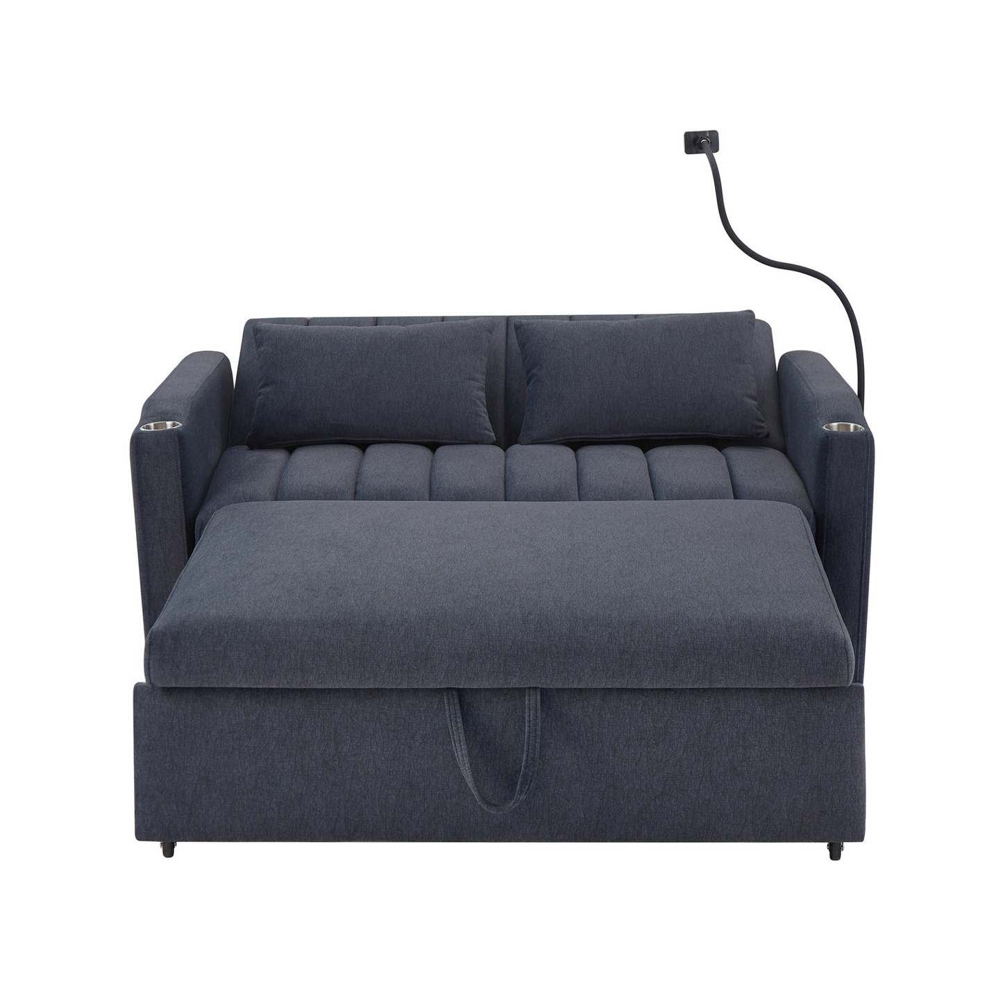 55.9" Convertible Sofa Bed Loveseat Sofa with Three USB Ports, Two Side Pockets, Two Cup Holders and 360°Swivel Phone Holder for Living Room, Blue Grey