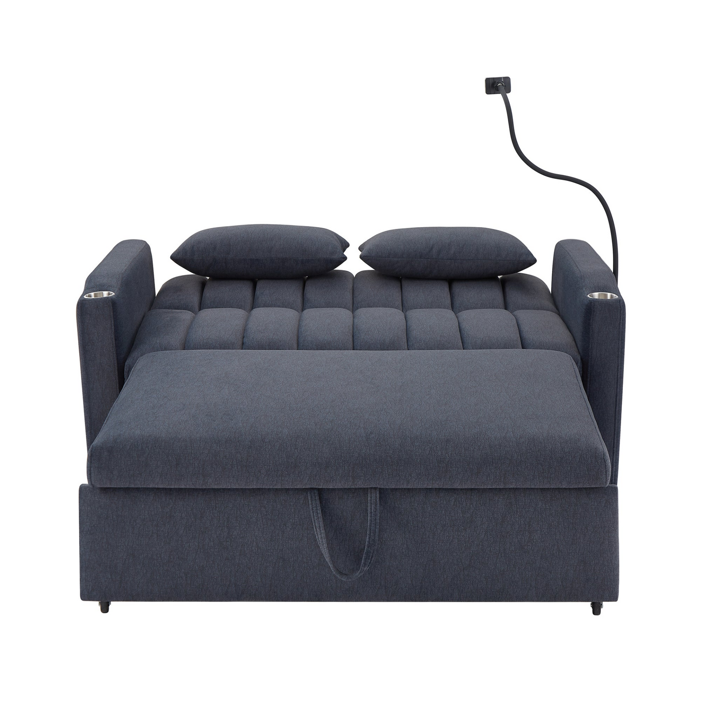 55.9" Convertible Sofa Bed Loveseat Sofa with Three USB Ports, Two Side Pockets, Two Cup Holders and 360°Swivel Phone Holder for Living Room, Blue Grey