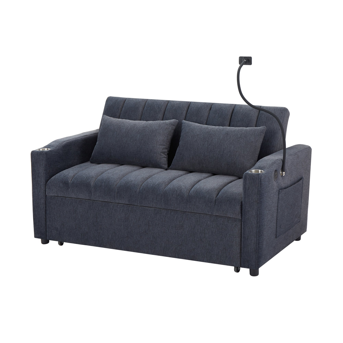 55.9" Convertible Sofa Bed Loveseat Sofa with Three USB Ports, Two Side Pockets, Two Cup Holders and 360°Swivel Phone Holder for Living Room, Blue Grey