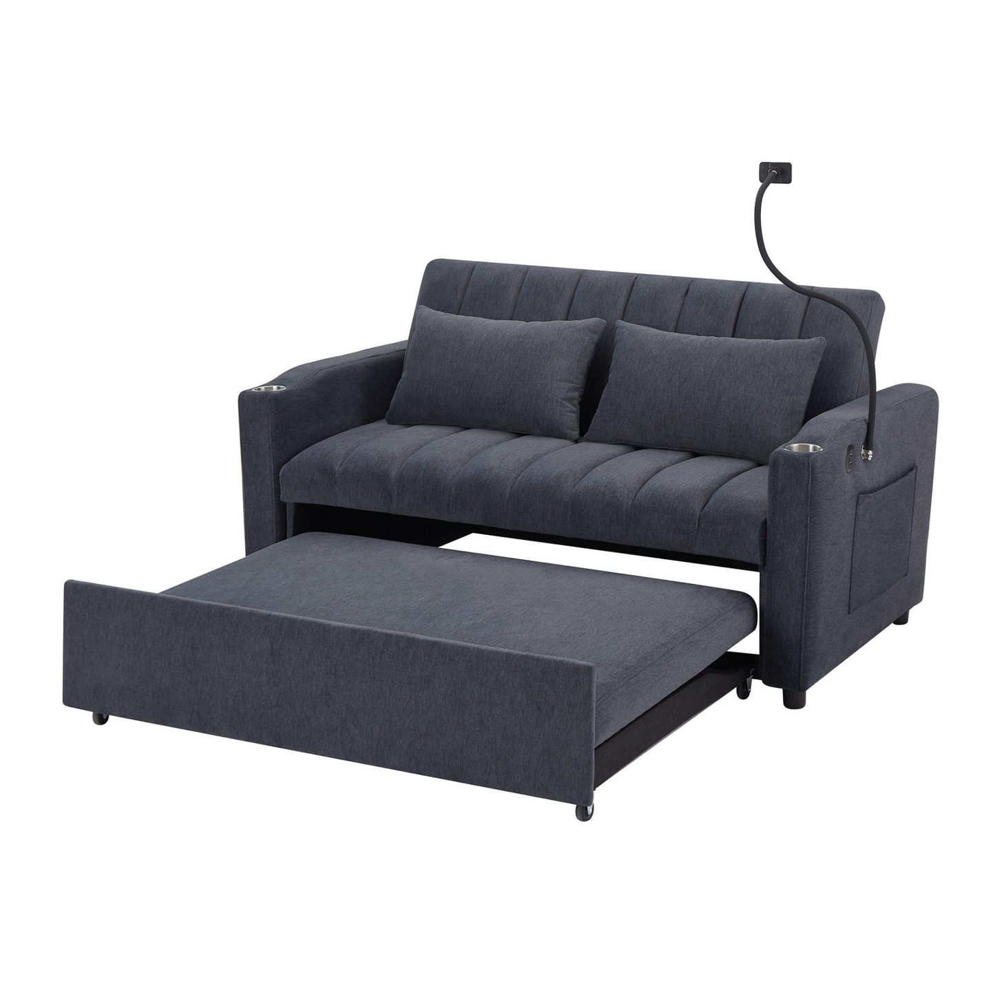 55.9" Convertible Sofa Bed Loveseat Sofa with Three USB Ports, Two Side Pockets, Two Cup Holders and 360°Swivel Phone Holder for Living Room, Blue Grey