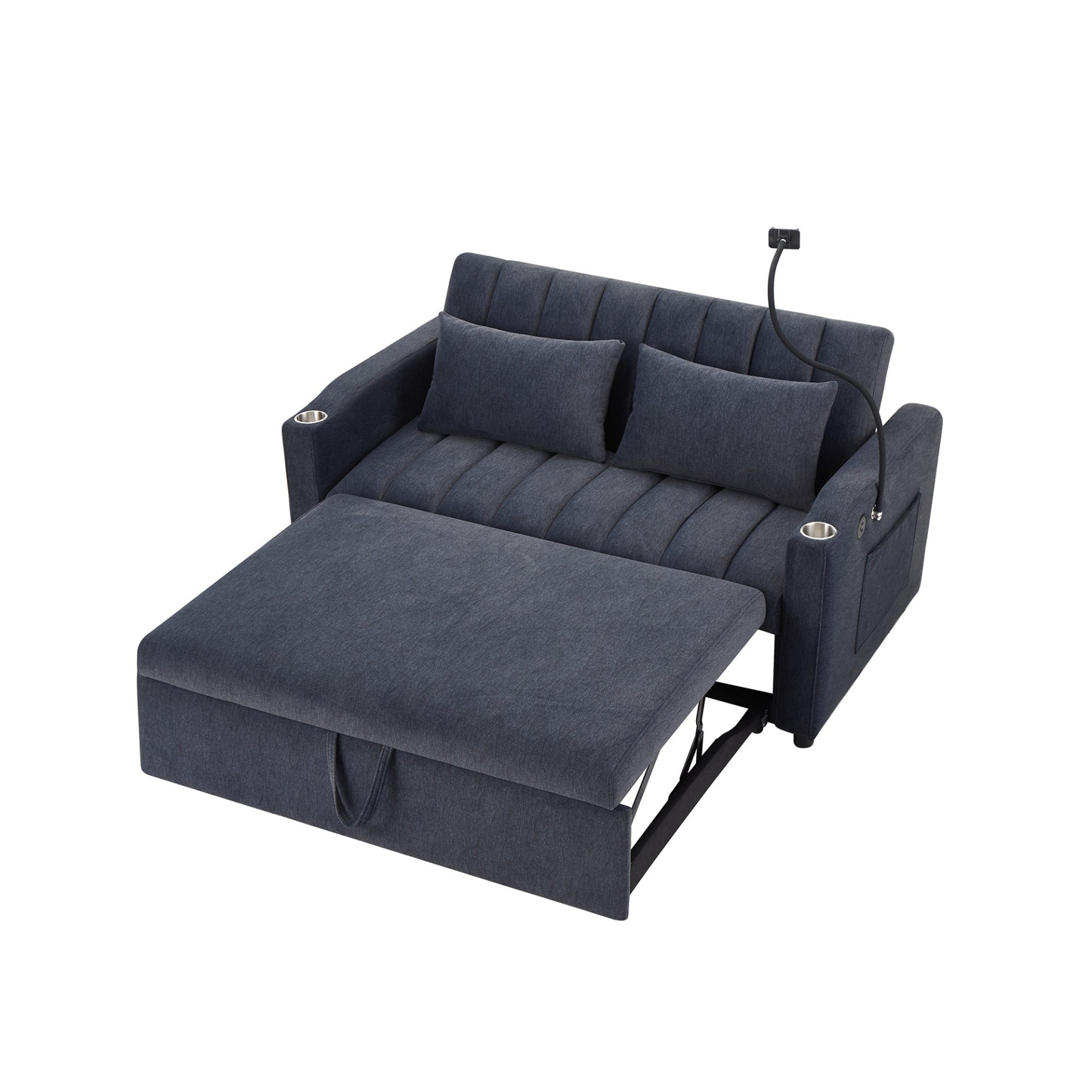 55.9" Convertible Sofa Bed Loveseat Sofa with Three USB Ports, Two Side Pockets, Two Cup Holders and 360°Swivel Phone Holder for Living Room, Blue Grey