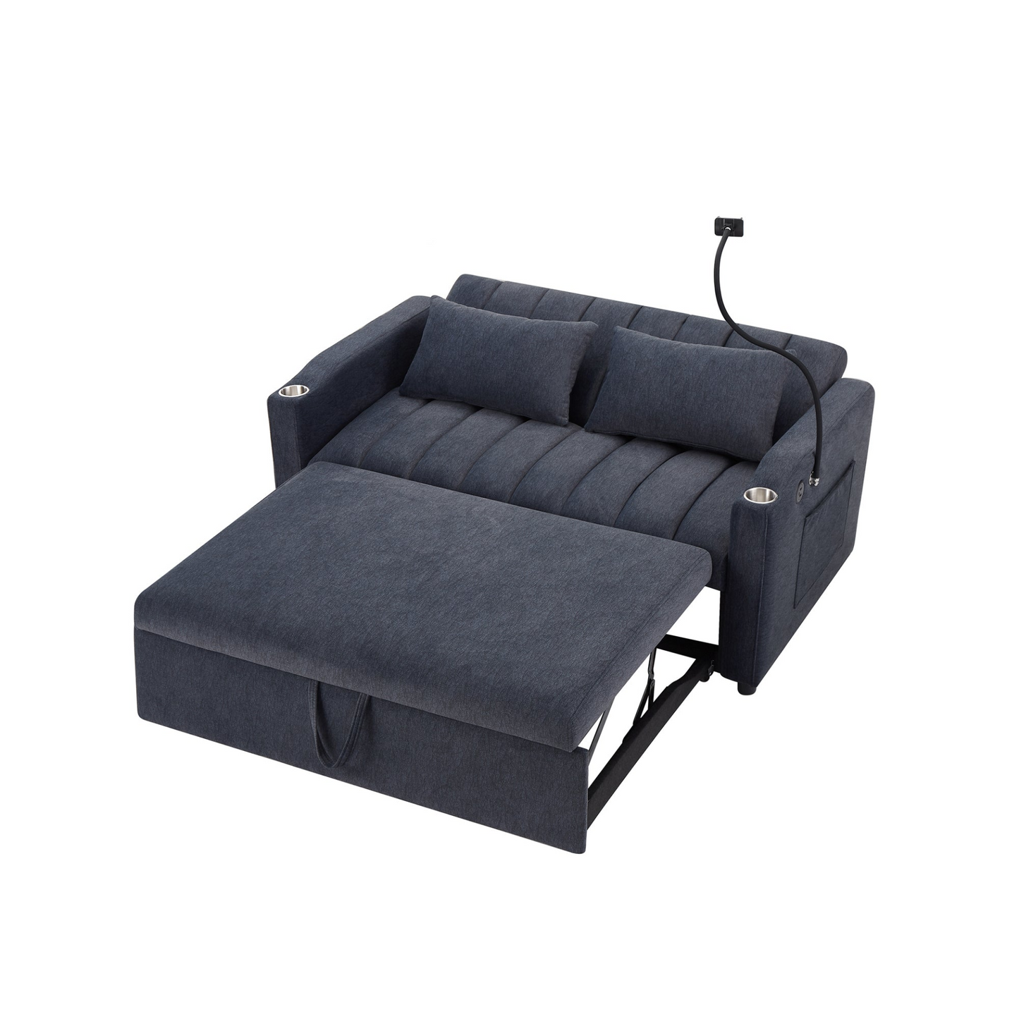55.9" Convertible Sofa Bed Loveseat Sofa with Three USB Ports, Two Side Pockets, Two Cup Holders and 360°Swivel Phone Holder for Living Room, Blue Grey