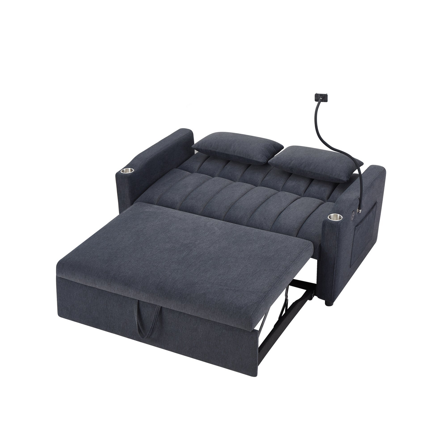 55.9" Convertible Sofa Bed Loveseat Sofa with Three USB Ports, Two Side Pockets, Two Cup Holders and 360°Swivel Phone Holder for Living Room, Blue Grey