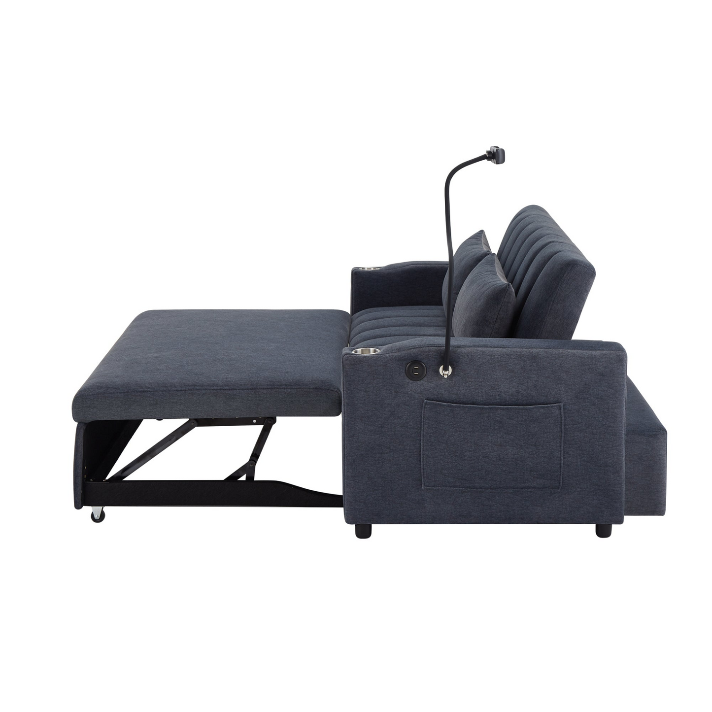 55.9" Convertible Sofa Bed Loveseat Sofa with Three USB Ports, Two Side Pockets, Two Cup Holders and 360°Swivel Phone Holder for Living Room, Blue Grey