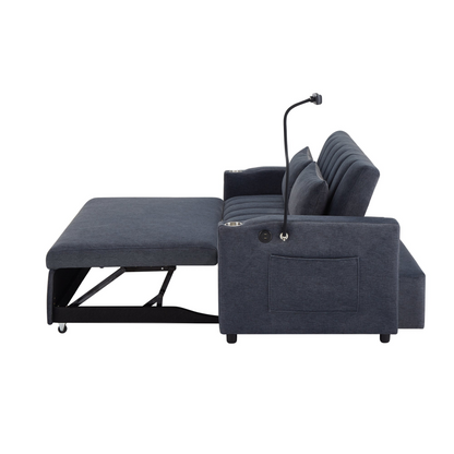 55.9" Convertible Sofa Bed Loveseat Sofa with Three USB Ports, Two Side Pockets, Two Cup Holders and 360°Swivel Phone Holder for Living Room, Blue Grey