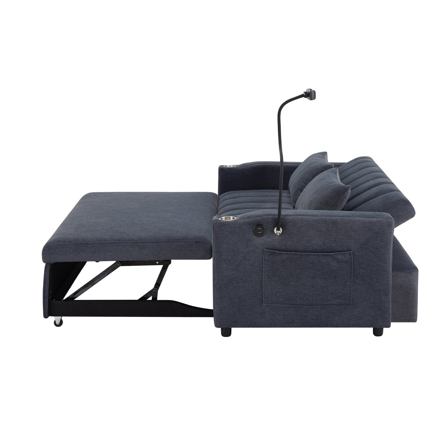 55.9" Convertible Sofa Bed Loveseat Sofa with Three USB Ports, Two Side Pockets, Two Cup Holders and 360°Swivel Phone Holder for Living Room, Blue Grey