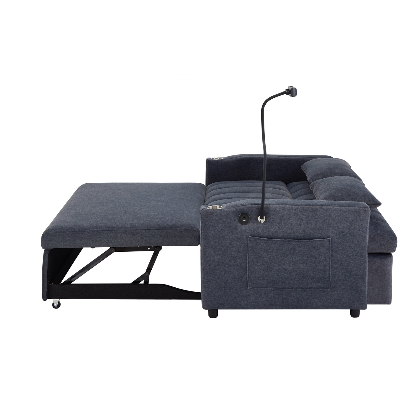 55.9" Convertible Sofa Bed Loveseat Sofa with Three USB Ports, Two Side Pockets, Two Cup Holders and 360°Swivel Phone Holder for Living Room, Blue Grey