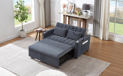 55.9" Convertible Sofa Bed Loveseat Sofa with Three USB Ports, Two Side Pockets, Two Cup Holders and 360°Swivel Phone Holder for Living Room, Blue Grey