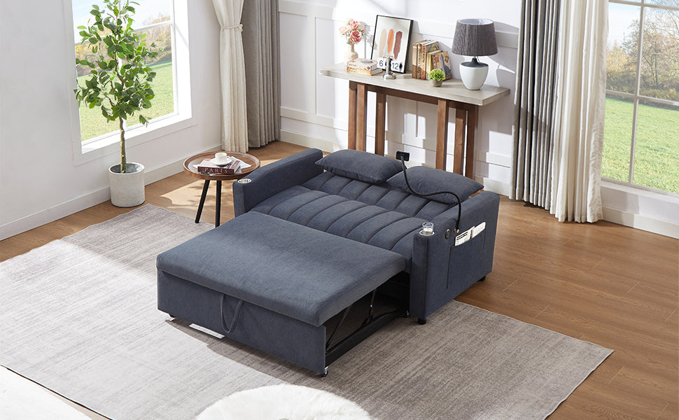 55.9" Convertible Sofa Bed Loveseat Sofa with Three USB Ports, Two Side Pockets, Two Cup Holders and 360°Swivel Phone Holder for Living Room, Blue Grey