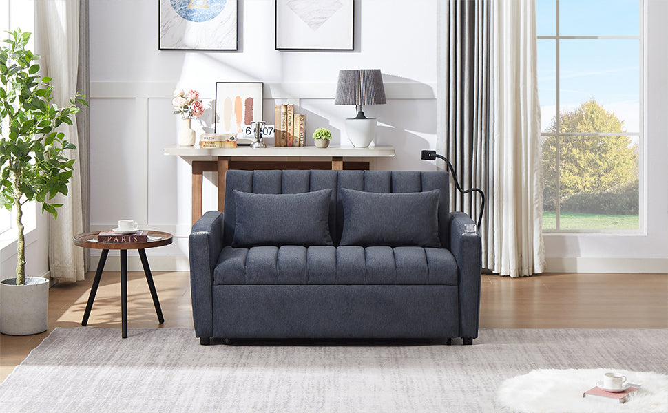 55.9" Convertible Sofa Bed Loveseat Sofa with Three USB Ports, Two Side Pockets, Two Cup Holders and 360°Swivel Phone Holder for Living Room, Blue Grey