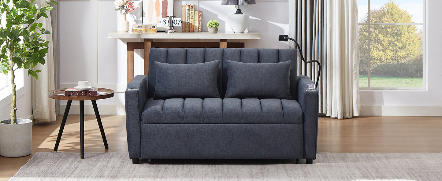55.9" Convertible Sofa Bed Loveseat Sofa with Three USB Ports, Two Side Pockets, Two Cup Holders and 360°Swivel Phone Holder for Living Room, Blue Grey