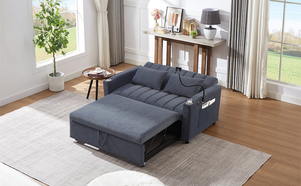 55.9" Convertible Sofa Bed Loveseat Sofa with Three USB Ports, Two Side Pockets, Two Cup Holders and 360°Swivel Phone Holder for Living Room, Blue Grey