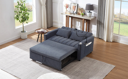 55.9" Convertible Sofa Bed Loveseat Sofa with Three USB Ports, Two Side Pockets, Two Cup Holders and 360°Swivel Phone Holder for Living Room, Blue Grey