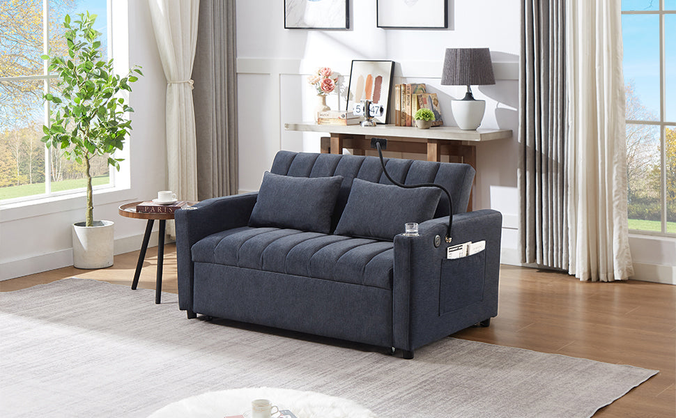 55.9" Convertible Sofa Bed Loveseat Sofa with Three USB Ports, Two Side Pockets, Two Cup Holders and 360°Swivel Phone Holder for Living Room, Blue Grey