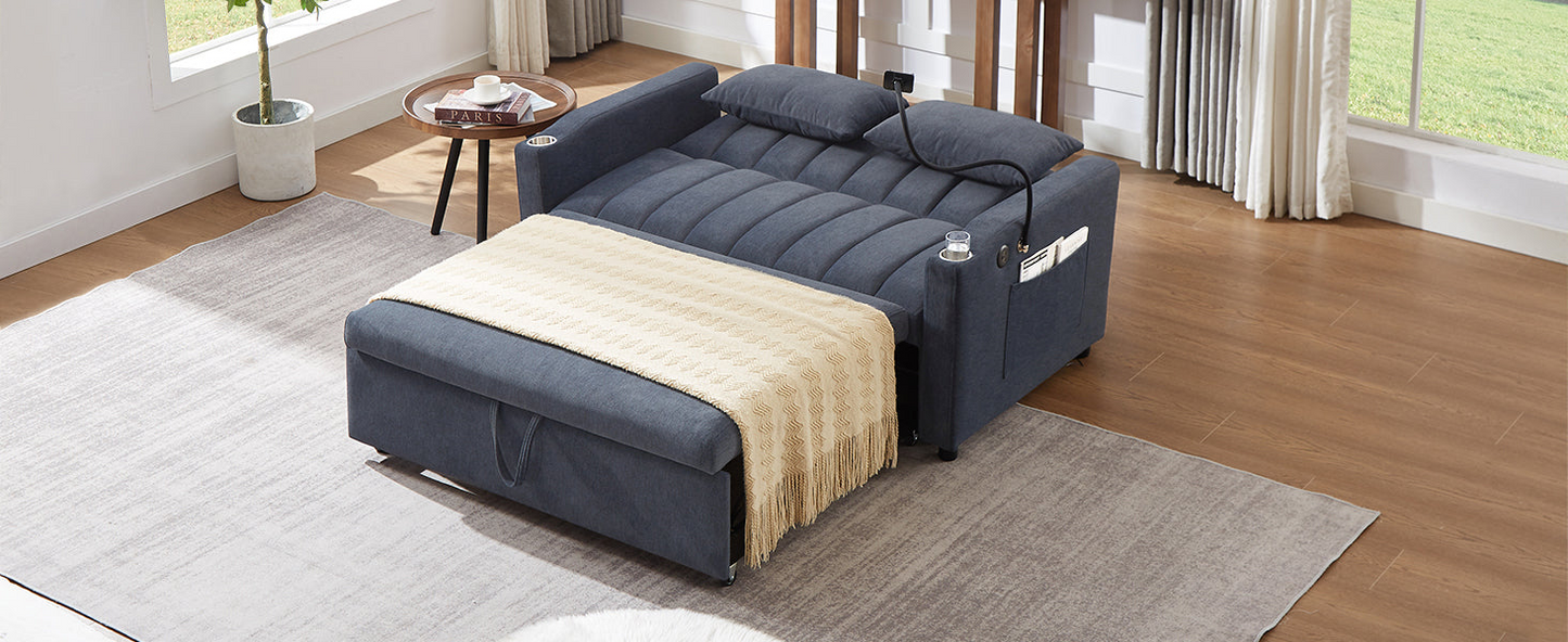 55.9" Convertible Sofa Bed Loveseat Sofa with Three USB Ports, Two Side Pockets, Two Cup Holders and 360°Swivel Phone Holder for Living Room, Blue Grey