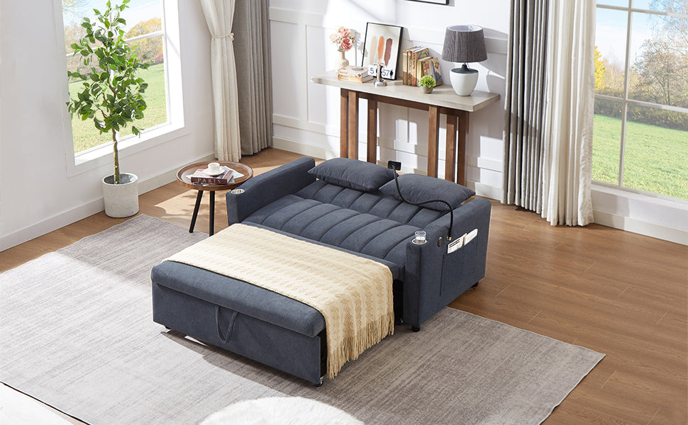 55.9" Convertible Sofa Bed Loveseat Sofa with Three USB Ports, Two Side Pockets, Two Cup Holders and 360°Swivel Phone Holder for Living Room, Blue Grey