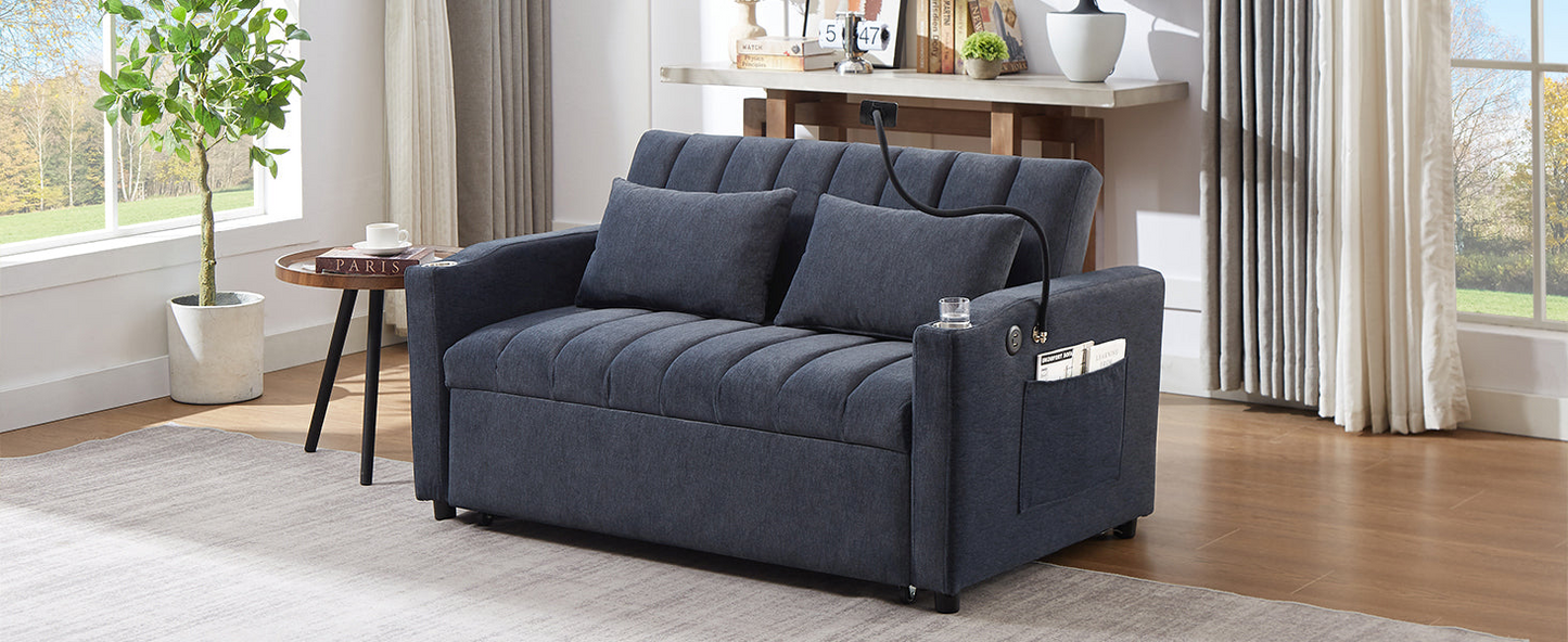 55.9" Convertible Sofa Bed Loveseat Sofa with Three USB Ports, Two Side Pockets, Two Cup Holders and 360°Swivel Phone Holder for Living Room, Blue Grey