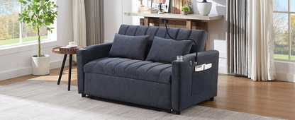 55.9" Convertible Sofa Bed Loveseat Sofa with Three USB Ports, Two Side Pockets, Two Cup Holders and 360°Swivel Phone Holder for Living Room, Blue Grey