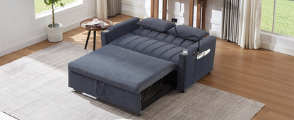 55.9" Convertible Sofa Bed Loveseat Sofa with Three USB Ports, Two Side Pockets, Two Cup Holders and 360°Swivel Phone Holder for Living Room, Blue Grey