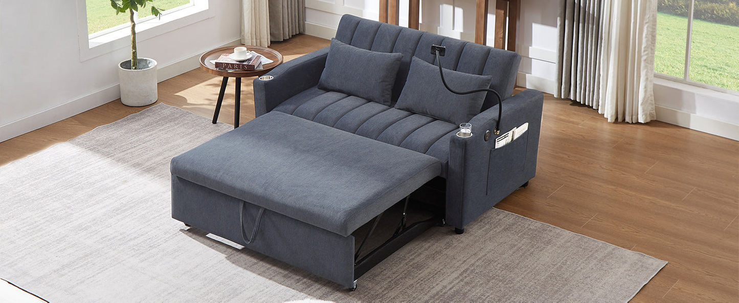 55.9" Convertible Sofa Bed Loveseat Sofa with Three USB Ports, Two Side Pockets, Two Cup Holders and 360°Swivel Phone Holder for Living Room, Blue Grey
