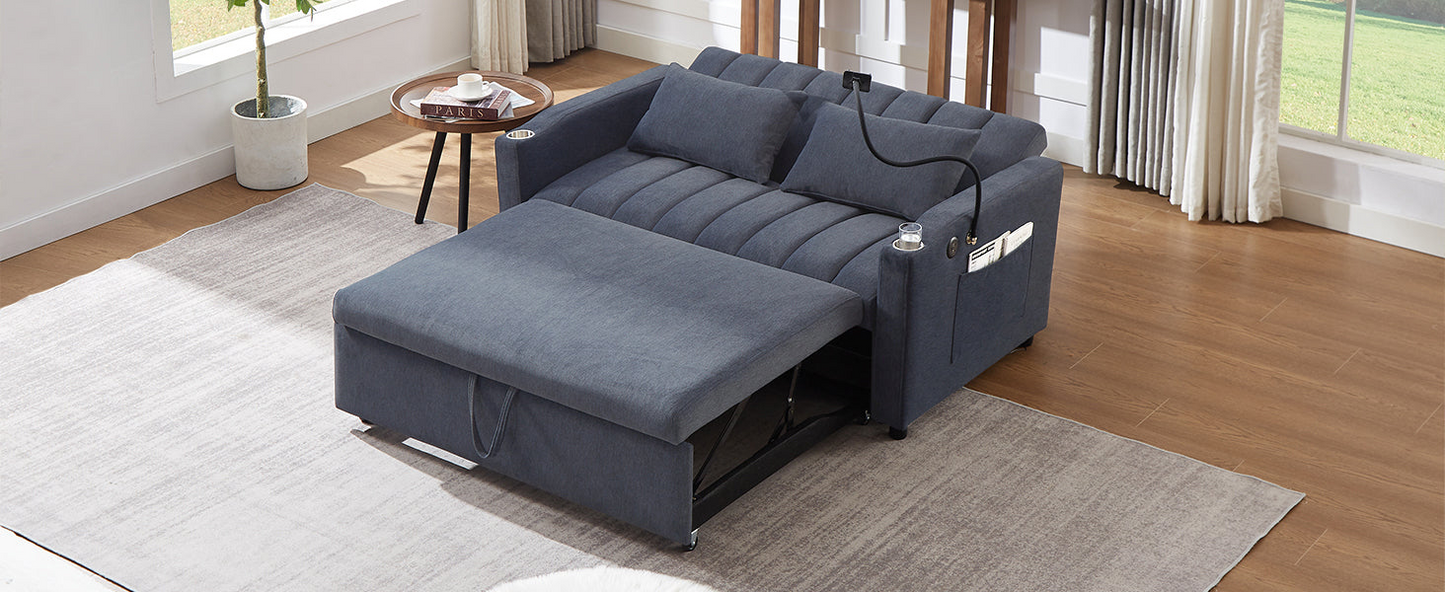 55.9" Convertible Sofa Bed Loveseat Sofa with Three USB Ports, Two Side Pockets, Two Cup Holders and 360°Swivel Phone Holder for Living Room, Blue Grey