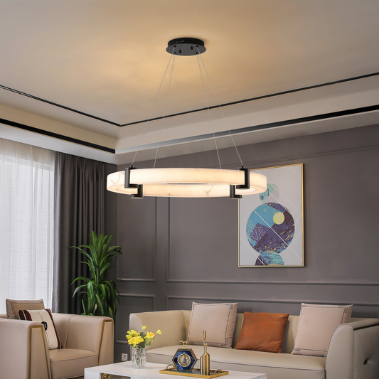 Modern LED Pendant Light, 23.6-Inch Round Hanging Chandelier with Adjustable Height, Imitation Marble Finish Resin Ring, Dimmable Ceiling Light for Dining Room, Kitchen Island, Living Room