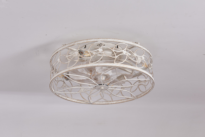 18.1-inch White Vintage Caged Ceiling Fan Light – Quiet Operation, Remote Control, Industrial Style for Living Room, Bedroom, and Kitchen (Bulb Not Included)