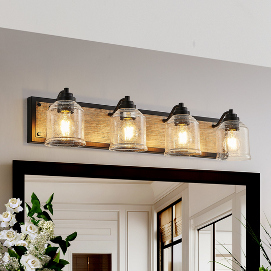 Farmhouse Vanity Light Fixture, 4-Light Bathroom Wall Sconce with Clear Seeded Glass Shades, Rustic Black Finish with Wood Backplate, Modern Industrial Design for Bathroom or Powder Room (No Bulbs)