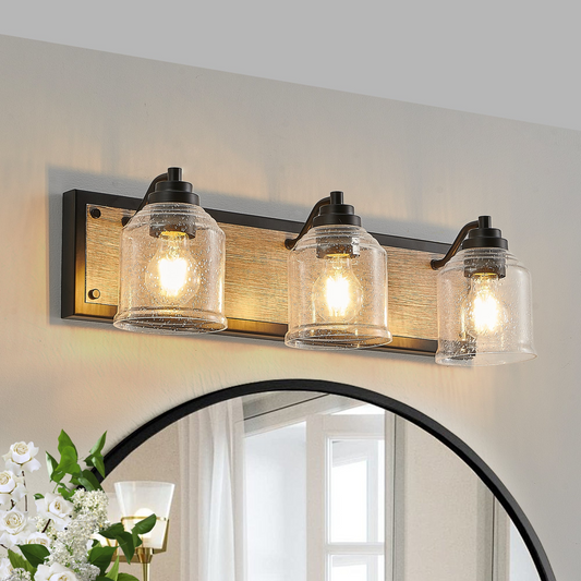 Farmhouse Vanity Light Fixture, 3-Light Bathroom Wall Sconce with Clear Seeded Glass Shades, Rustic Black Finish with Wood Backplate, Modern Industrial Design for Bathroom or Powder Room (No Bulbs)